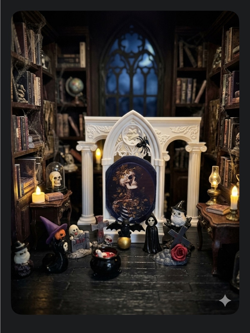 Gothic Miniature Shrine with Skull Portrait and Halloween Figurines